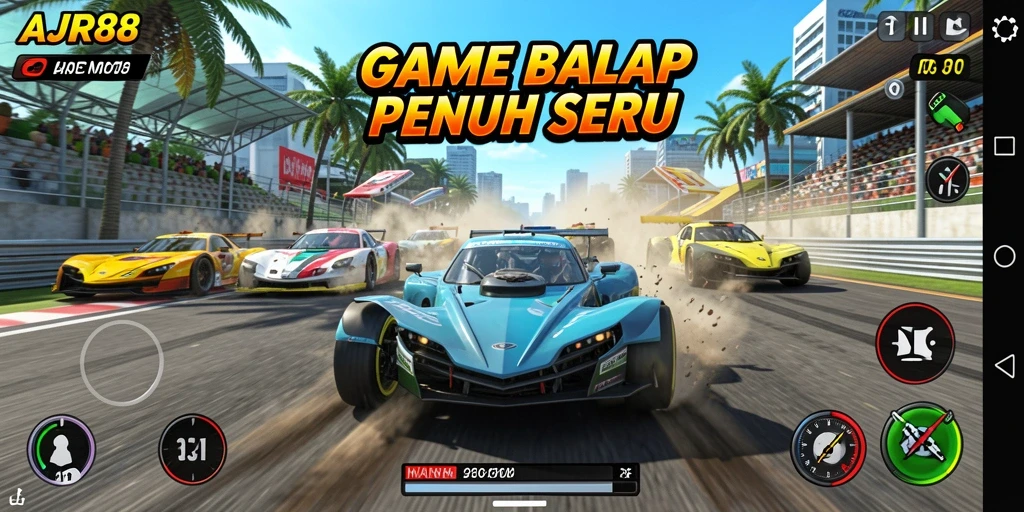 Screenshot AJR88 menampilkan aksi balapan yang mendebarkan dan kendaraan yang keren.