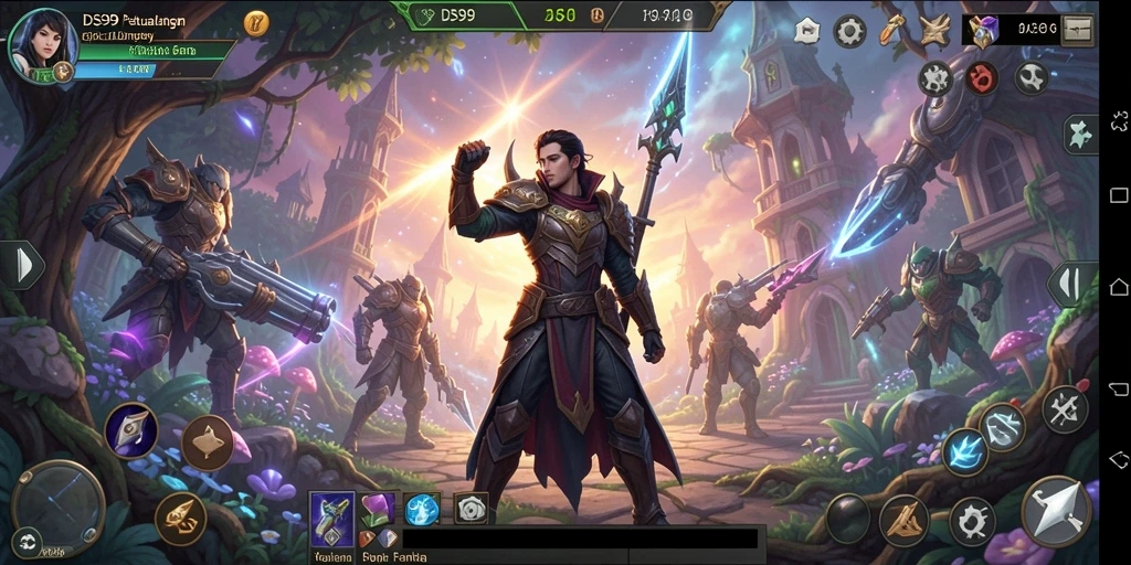 Screenshot gameplay DS99 menampilkan pertarungan epik di dunia fantasi.