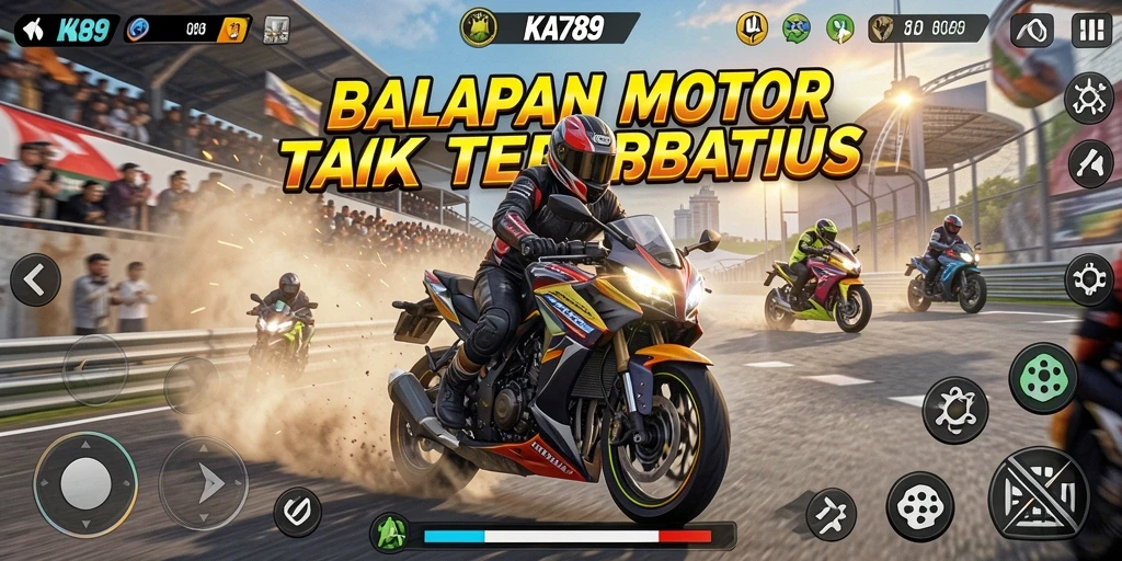 Screenshot KA789 menunjukkan aksi balapan motor yang intens dan mendebarkan.