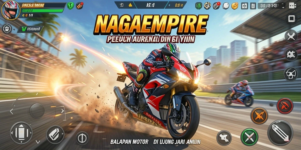 Tampilan gameplay NAGAEMPIRE yang seru dengan balapan motor yang cepat.
